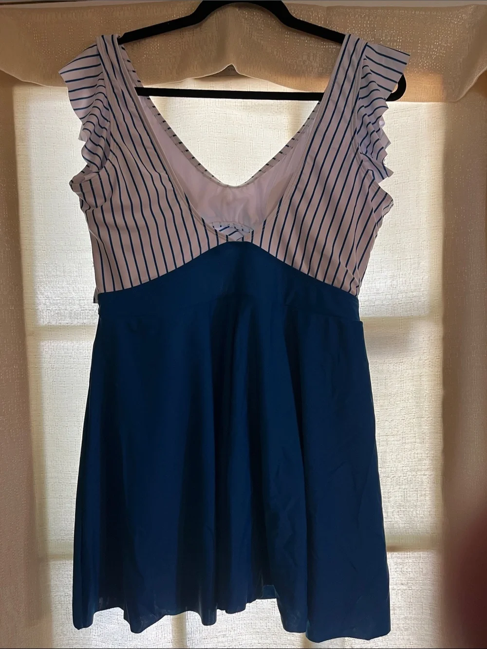 Striped White & Navy Blue One-Piece Swim Dress